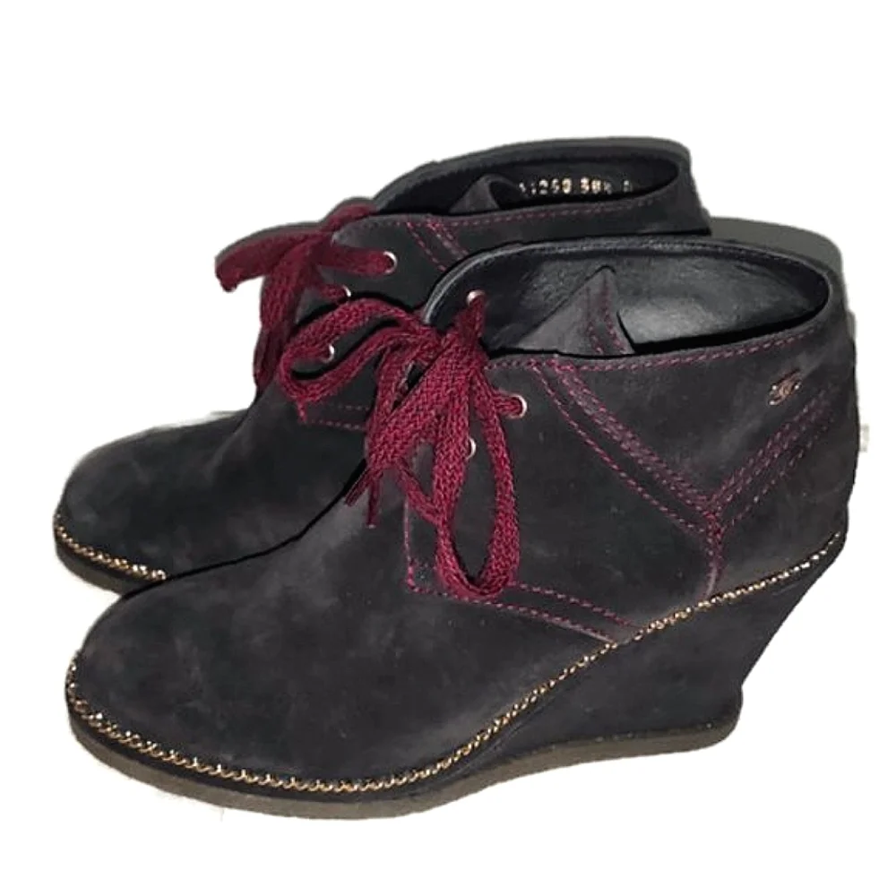 CHANEL Blueberry Blue Suede Wedge Boots 38.5